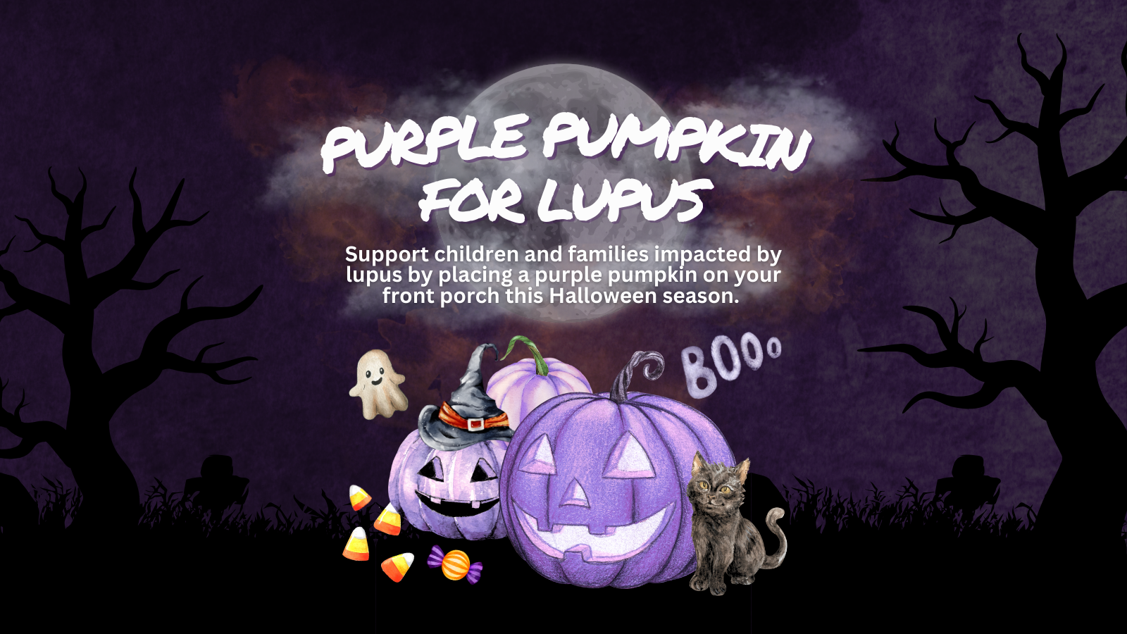 Banner: Purple Pumpkin for Lupus – Halloween Awareness Campaign by Lupus Canada Purple pumpkin Halloween poster promoting the Purple Pumpkin for Lupus campaign with pumpkins, ghost, cat, candy, and moon background.