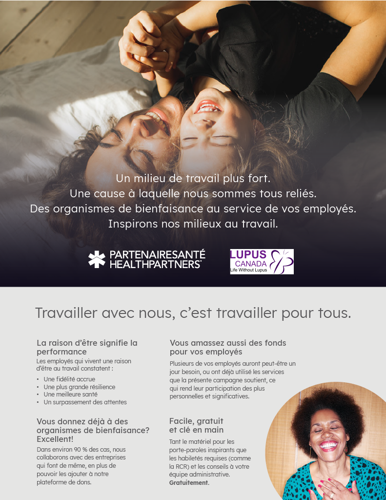 Couverture de la trousse d’information sur les dons en milieu de travail de Lupus Canada et HealthPartners, montrant un groupe diversifié de professionnels lors d’une réunion.