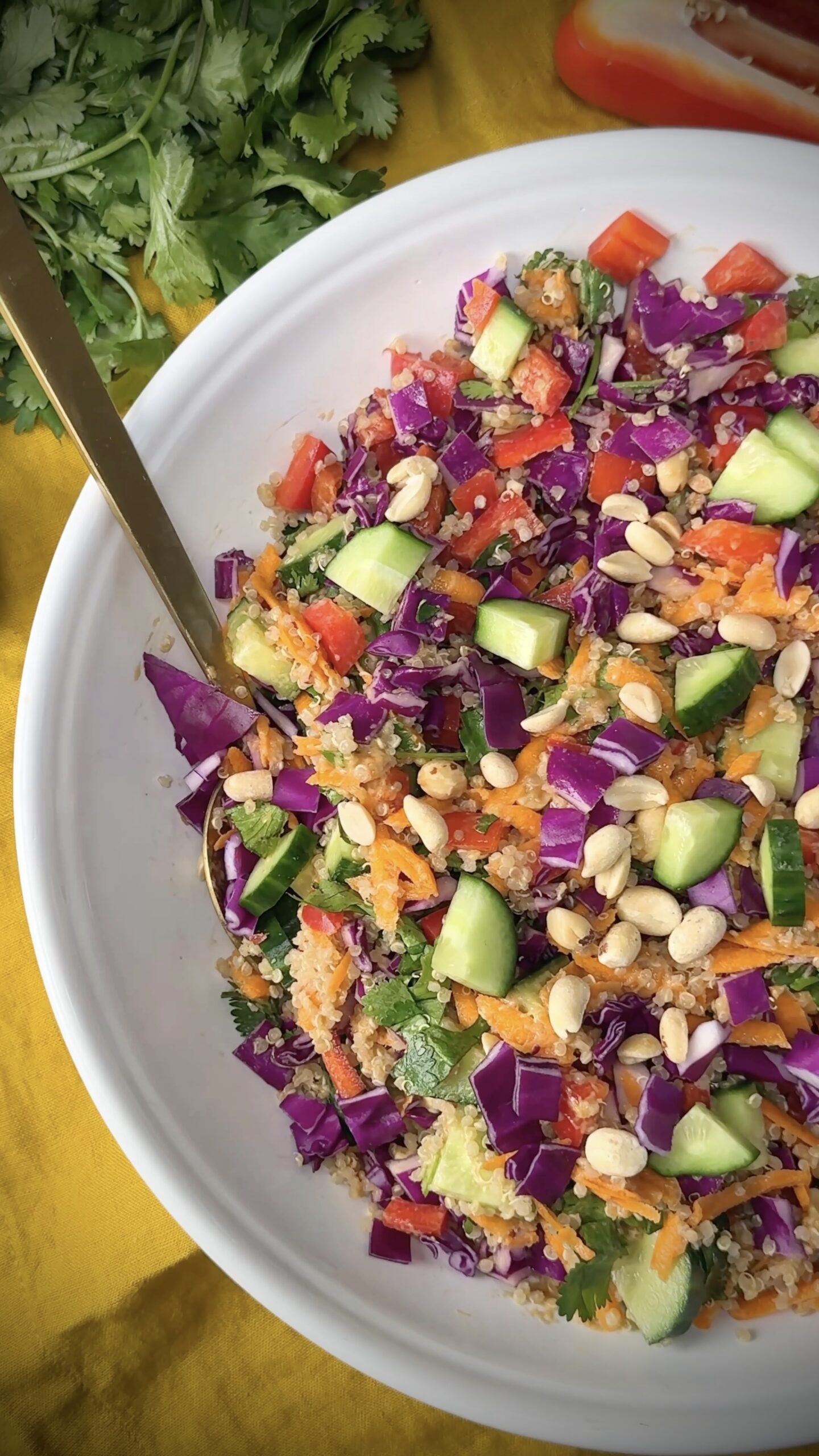 Un bol de salade de quinoa anti-inflammatoire avec des légumes colorés et une vinaigrette crémeuse aux arachides