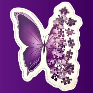 Purple butterfly sticker with one wing made of puzzle pieces, each labeled with a lupus symptom, symbolizing the journey to a lupus diagnosis.