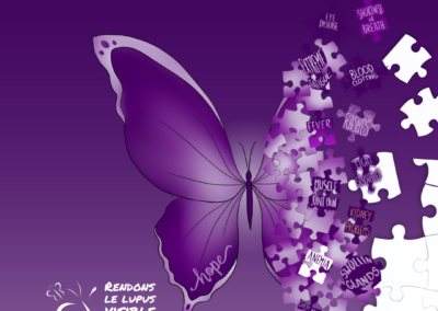 Affiche du Mois de sensibilisation au lupus 2025 avec des tons violets, des images de papillons et le message : « Offrir de l'espoir, sensibiliser, inspirer le changement ».
