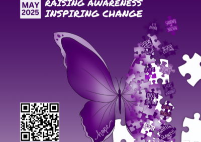 Purple butterfly made of puzzle pieces with lupus symptoms inside them and the word “hope” on its wing. Text reads “Raising Awareness, Inspiring Change – May 2025.”