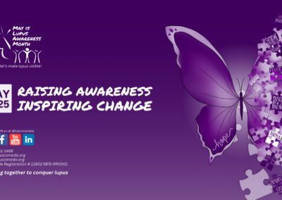 Wide purple graphic with a butterfly made of puzzle pieces, listing lupus symptoms. Text reads “Raising Awareness, Inspiring Change – May 2025.”