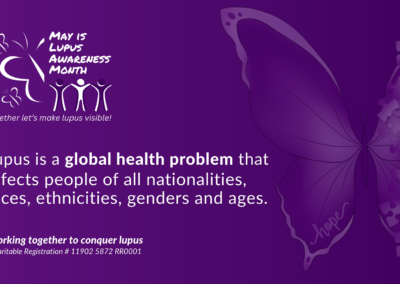 Horizontal purple graphic with butterfly puzzle design. Text reads, “Lupus is a global health problem that affects people of all nationalities, races, ethnicities, genders and ages.”