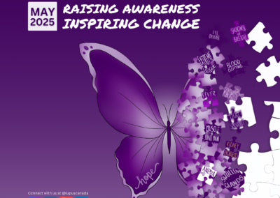 Portrait-format graphic showing a butterfly composed of puzzle pieces with symptoms of lupus, and the slogan “Raising Awareness, Inspiring Change – May 2025.”
