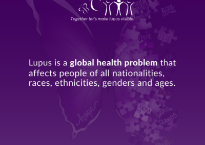 Purple portrait graphic with butterfly puzzle pieces and the statement “Lupus is a global health problem…” centered on the page.