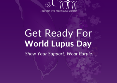 Purple feed-format graphic with the text “Get Ready for World Lupus Day – Show Your Support, Wear Purple” alongside Lupus Awareness Month visuals.