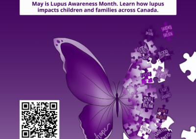 Purple butterfly with puzzle pieces and lupus symptoms, with a banner stating “Learn how lupus impacts children and families across Canada.”