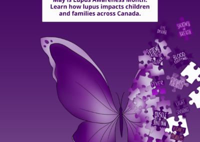 Vertical story graphic with a purple butterfly made of puzzle pieces and the message “Learn how lupus impacts children and families across Canada.”