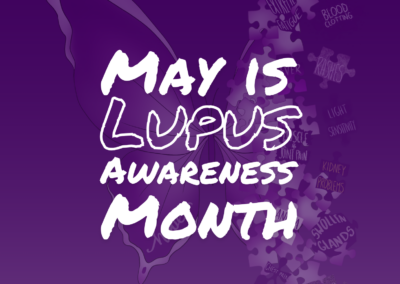 Poster featuring the word “HOPE” and the phrase “May is Lupus Awareness Month” with a partial butterfly wing and puzzle pieces in the background.