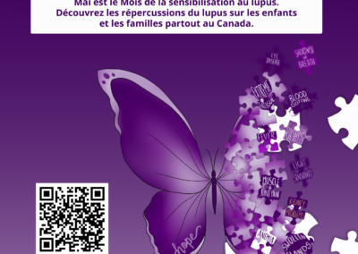 Papillon violet avec des pièces de puzzle et des symptômes du lupus, avec une bannière indiquant « Apprenez comment le lupus affecte les enfants et les familles partout au Canada. »