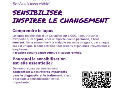 Affiche informative avec les logos de Lupus Canada et du Mois de sensibilisation au lupus, expliquant le lupus et pourquoi la sensibilisation est essentielle.