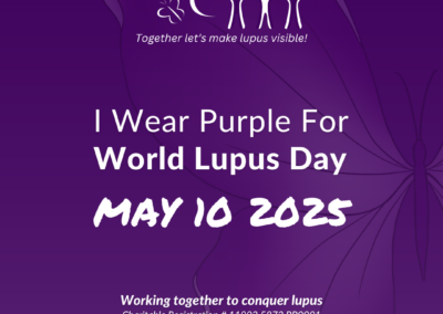 Instagram story image with bold text saying “I wear purple for World Lupus Day – May 10, 2025” over a background in Lupus Canada purple tones.
