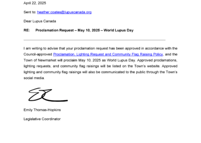 Official proclamation from the Town of Newmarket recognizing May 10, 2025, as World Lupus Day.