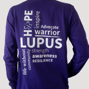 ack view of the Purple Lupus Awareness Long Sleeve Shirt featuring words of hope, strength, and awareness.
