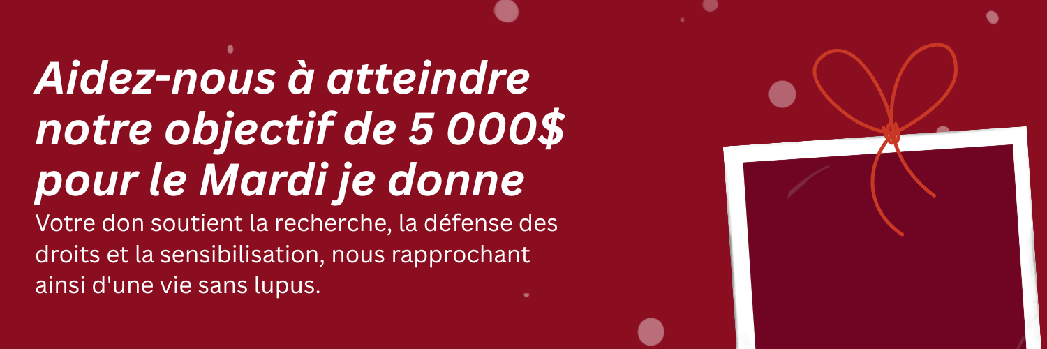 Fond rouge avec texte blanc indiquant « Aidez-nous à atteindre notre objectif de 5 000 $ pour le GivingTuesday. Votre don soutient la recherche, la défense des droits et la sensibilisation, nous rapprochant ainsi d'une vie sans lupus », avec un cadre photo décoratif orné d'un ruban rouge à droite.