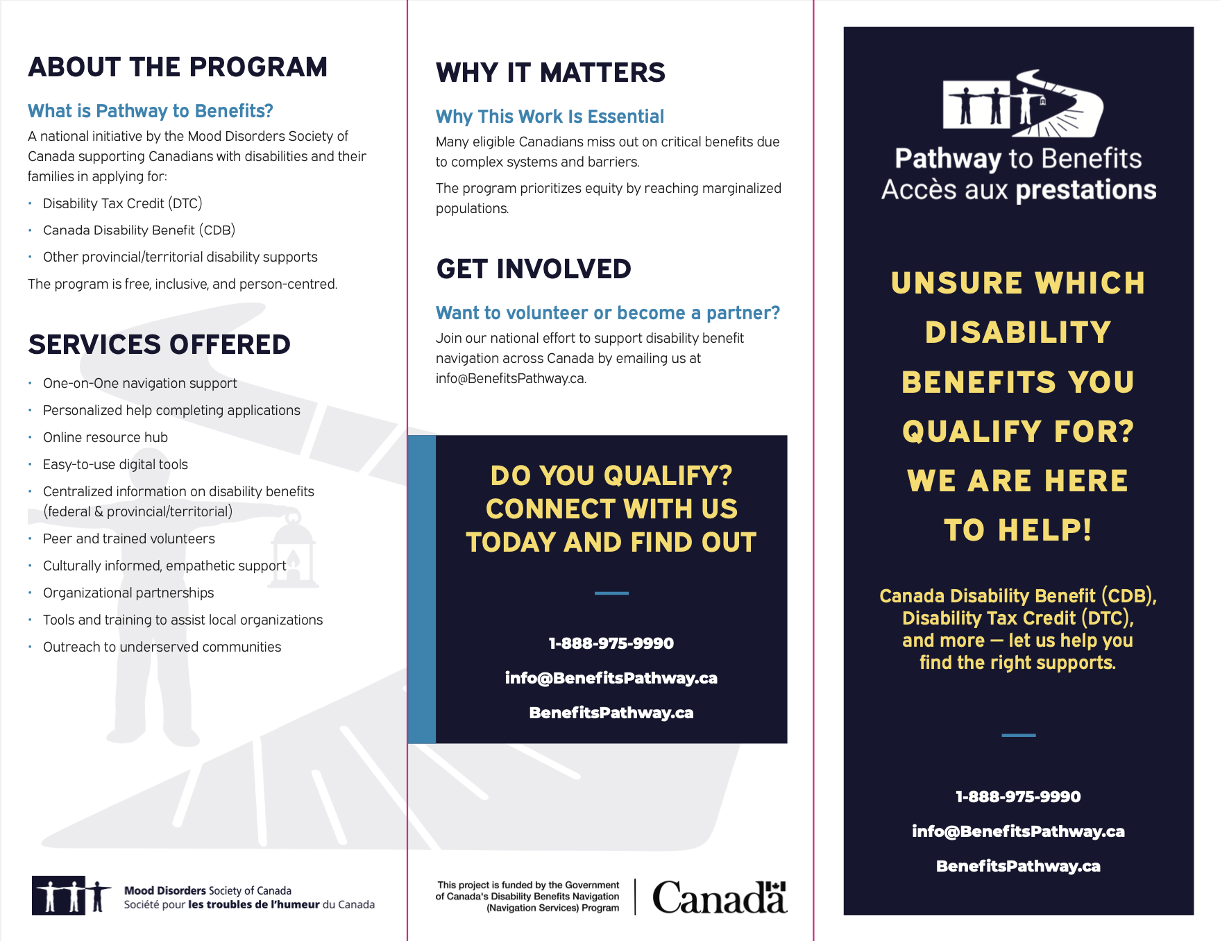 Bilingual Pathway to Benefits brochure explaining disability benefits in Canada, including the Canada Disability Benefit and Disability Tax Credit