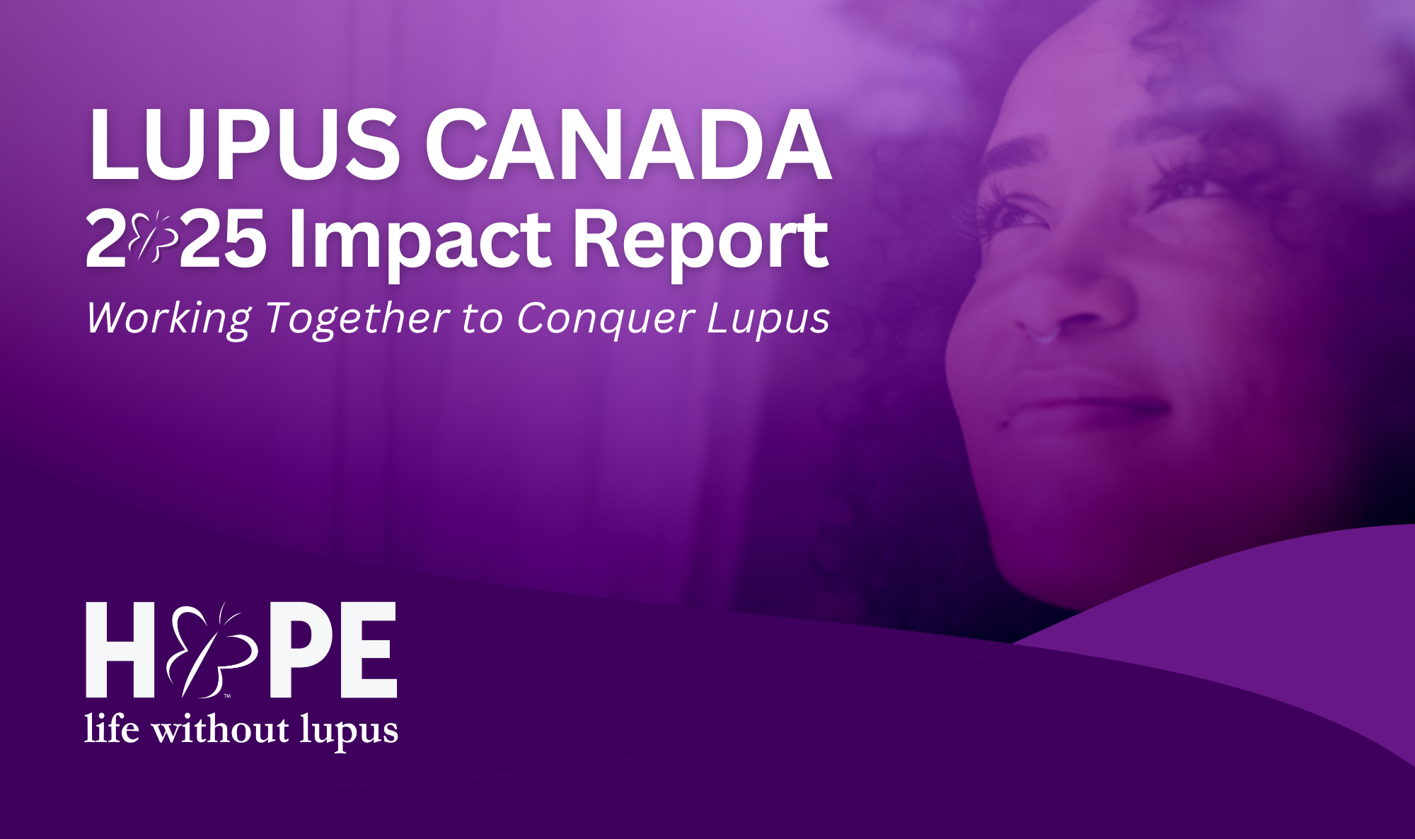 Banner for the Lupus Canada Impact Report 2025 featuring a woman looking upward with a purple overlay and the Lupus Canada logo.