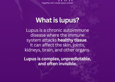Purple Lupus Awareness Month graphic explaining what lupus is as a chronic autoimmune disease that affects multiple organs and is often invisible