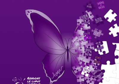 Portrait graphique du Mois de la sensibilisation au lupus avec un papillon violet et des pièces de puzzle représentant les symptômes du lupus, avec le texte « Mai 2026 Sensibiliser Inspirant le Changement »