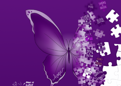 Portrait Lupus Awareness Month graphic with a purple butterfly and puzzle pieces representing lupus symptoms, featuring the text “May 2026 Raising Awareness Inspiring Change”