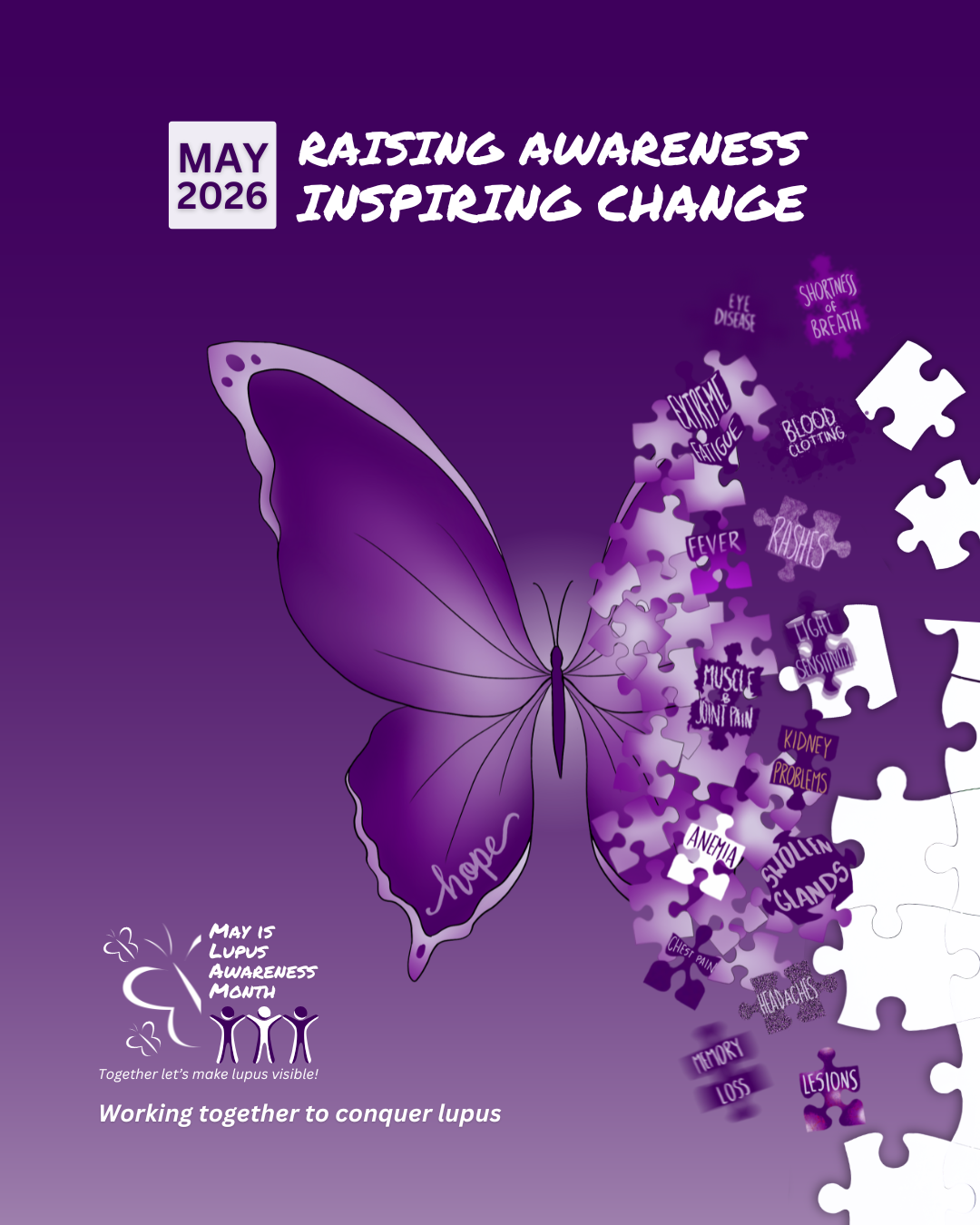 Lupus Awareness Month 2026 poster with purple tones, butterfly imagery, and the message: “Providing Hope, Raising Awareness, Inspiring Change.”