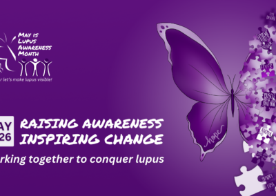 Purple Lupus Awareness Month banner featuring a butterfly and puzzle pieces representing lupus symptoms, with the text “May 2026 Raising Awareness Inspiring Change”