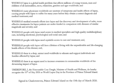 Official World Lupus Day proclamation from Prince Edward Island recognizing May 10, 2026 as World Lupus Day