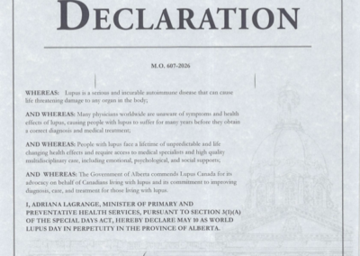 World Lupus Day proclamation in Alberta recognizing May 10 as World Lupus Day and raising awareness for lupus in Canada