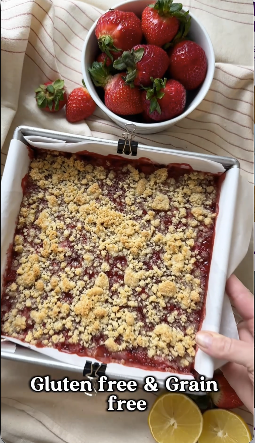 Strawberry Shortbread Bars Recipe made with fresh strawberries, almond flour crust, and maple syrup.