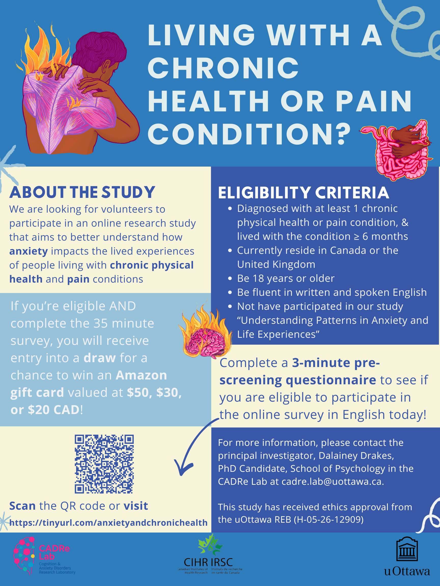 Chronic Pain and Anxiety Research Study poster recruiting adults in Canada and the UK with chronic physical health or pain conditions.